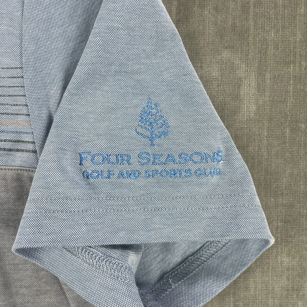 TravisMathew Mens M Blue Grey Polo Shirt Four Seasons Golf Striped Logo
